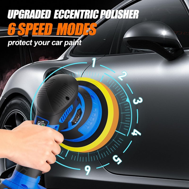 AZZUNO Cordless Car Buffer Polisher, 2x2Ah 21V Batteries 6'' Car buffer Waxer Kit, 6 Variable Speed 5500RPM Orbital Polisher, 5 Kinds Pads Polisher for Car Detailing, Boat Sanding, Scratch Removing - Image 4
